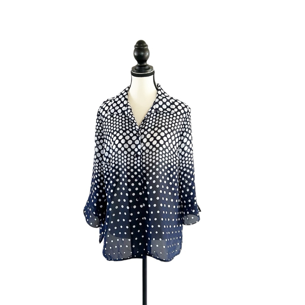 Tanjay Button Down Blouse Size 12 Navy & White Polka Dot 3/4 Sleeve Lightweight